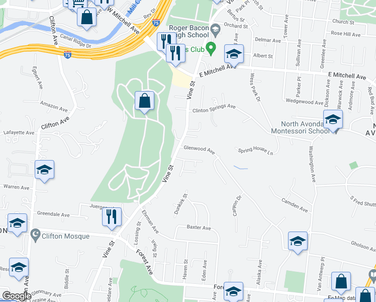 map of restaurants, bars, coffee shops, grocery stores, and more near 3856 Vine Street in Cincinnati