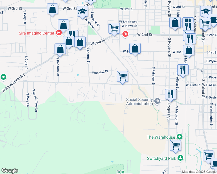 map of restaurants, bars, coffee shops, grocery stores, and more near 1301 West Allen Street in Bloomington