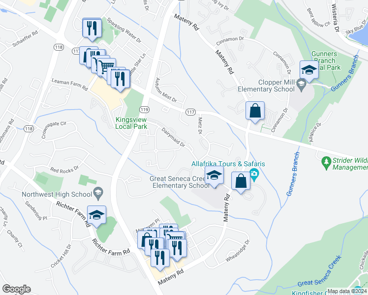 map of restaurants, bars, coffee shops, grocery stores, and more near 13102 Wonderland Way in Germantown