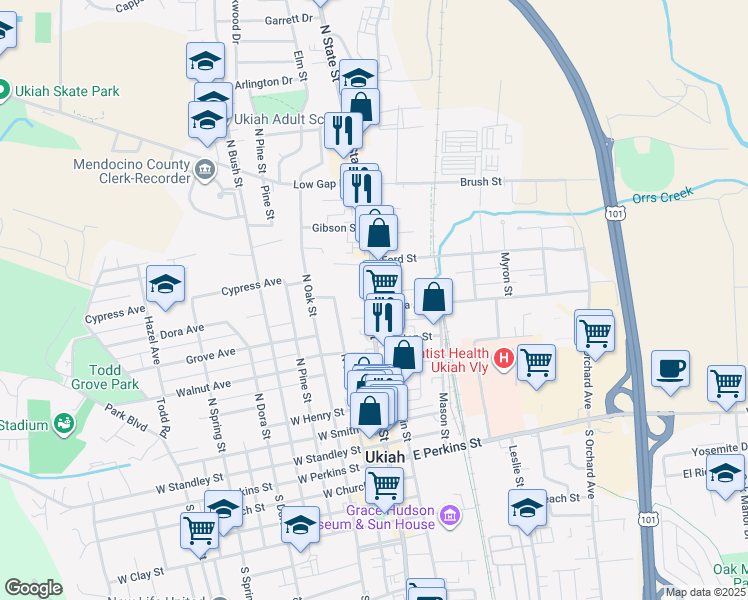 map of restaurants, bars, coffee shops, grocery stores, and more near 660 North State Street in Ukiah
