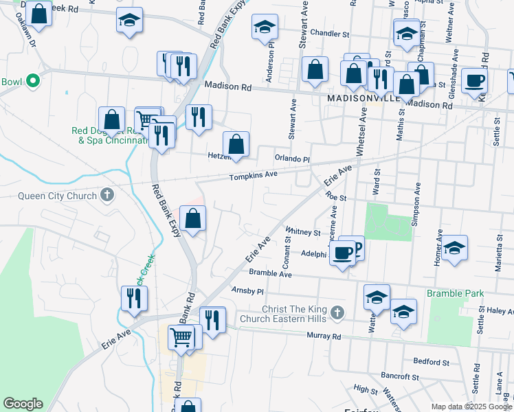 map of restaurants, bars, coffee shops, grocery stores, and more near 4515 Butterfield Place in Cincinnati