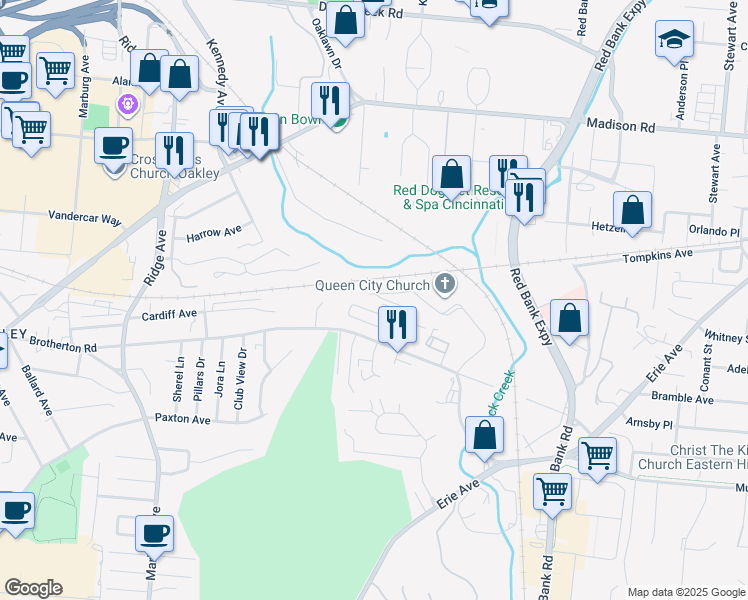 map of restaurants, bars, coffee shops, grocery stores, and more near 4241 Allendorf Drive in Cincinnati