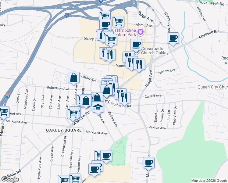 map of restaurants, bars, coffee shops, grocery stores, and more near 1959 Madison Road in Cincinnati