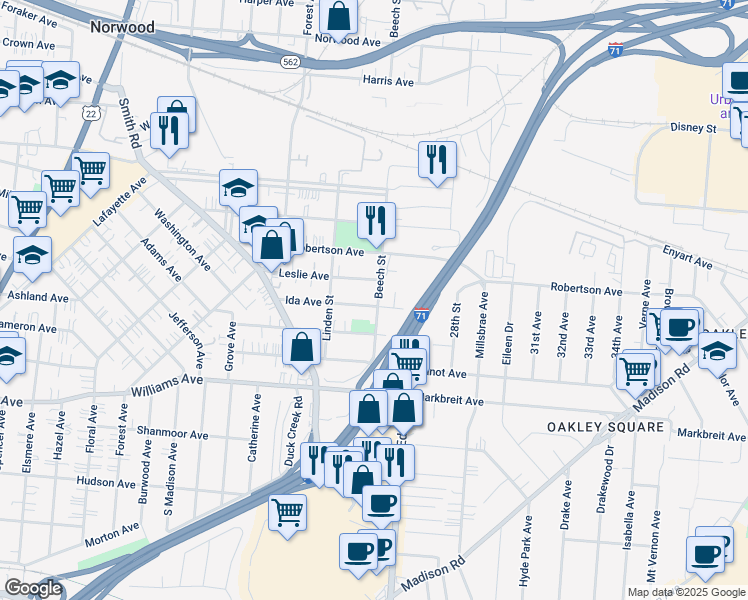 map of restaurants, bars, coffee shops, grocery stores, and more near 2627 Leslie Avenue in Cincinnati