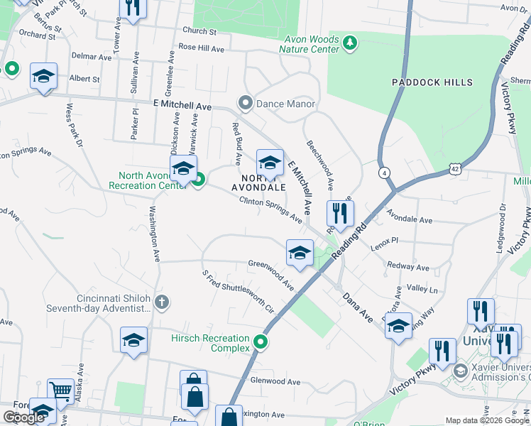 map of restaurants, bars, coffee shops, grocery stores, and more near 740 Clinton Springs Avenue in Cincinnati