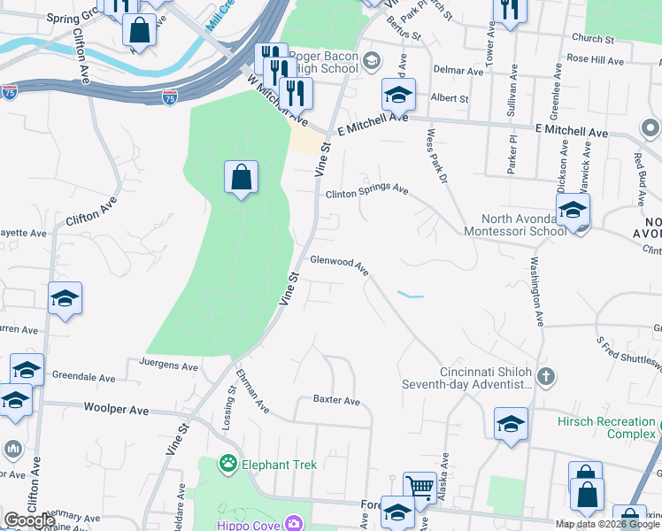 map of restaurants, bars, coffee shops, grocery stores, and more near 23 Parchman Place in Cincinnati