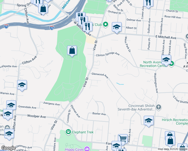 map of restaurants, bars, coffee shops, grocery stores, and more near 3856 Vine Street in Cincinnati