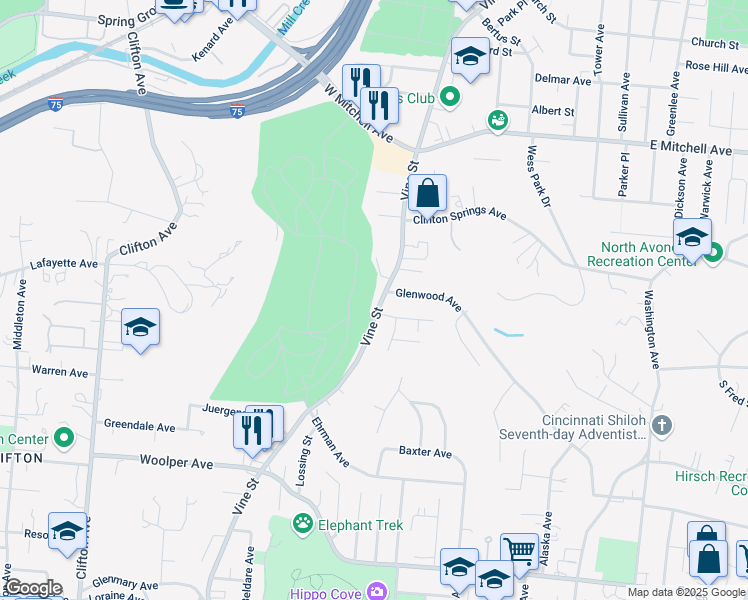 map of restaurants, bars, coffee shops, grocery stores, and more near 3849 Vine Street in Cincinnati