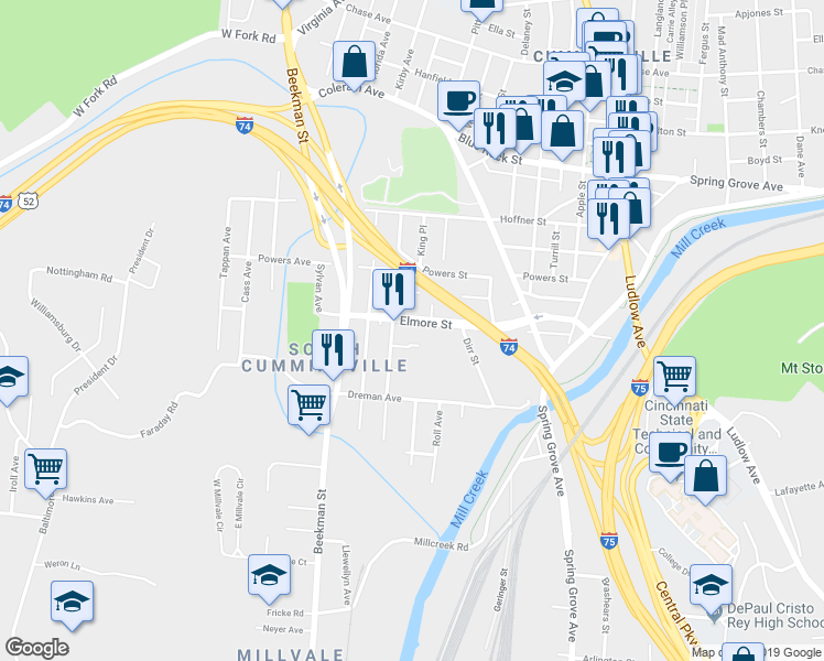 map of restaurants, bars, coffee shops, grocery stores, and more near 1778 Elmore Street in Cincinnati