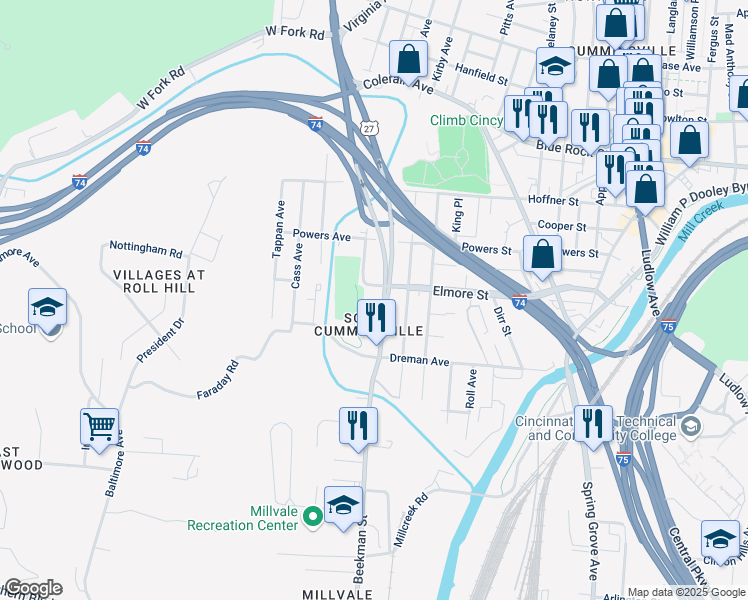 map of restaurants, bars, coffee shops, grocery stores, and more near 1900 Elmore Street in Cincinnati