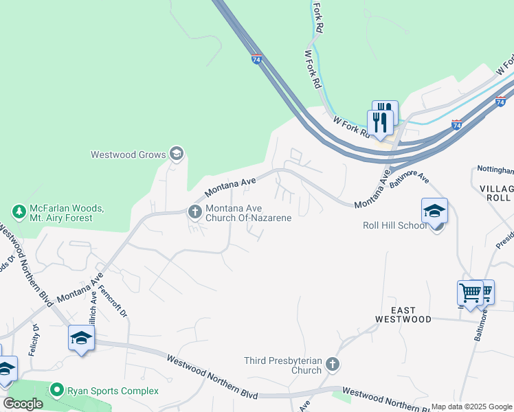 map of restaurants, bars, coffee shops, grocery stores, and more near 2455 Montana Avenue in Cincinnati