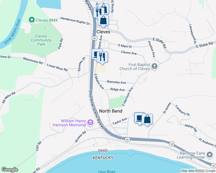 map of restaurants, bars, coffee shops, grocery stores, and more near 34 Wamsley Avenue in Cleves