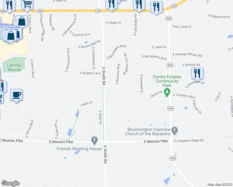 map of restaurants, bars, coffee shops, grocery stores, and more near 936-970 South Romans Way in Bloomington