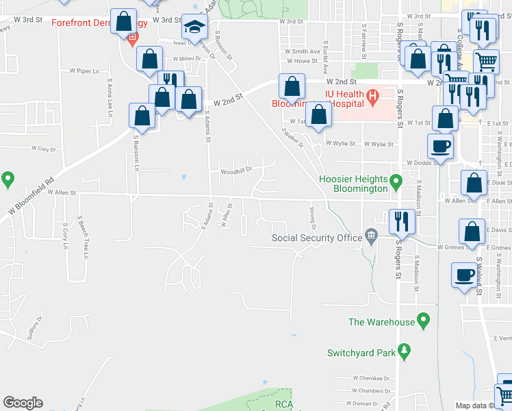 map of restaurants, bars, coffee shops, grocery stores, and more near 1213 West Green Tree Lane in Bloomington