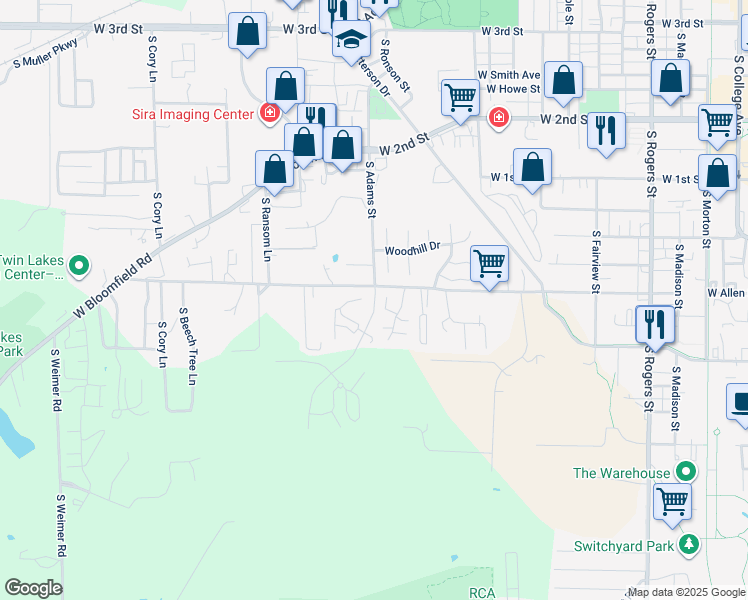 map of restaurants, bars, coffee shops, grocery stores, and more near 920 South Westhill Court in Bloomington