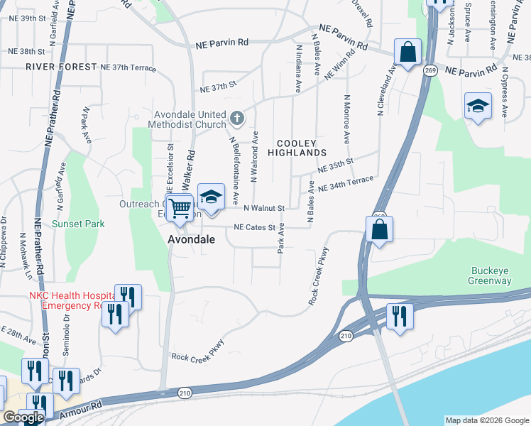map of restaurants, bars, coffee shops, grocery stores, and more near 3218 North Walnut Street in Kansas City