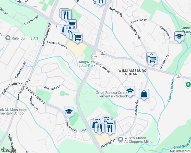 map of restaurants, bars, coffee shops, grocery stores, and more near 18211 Swiss Circle in Germantown