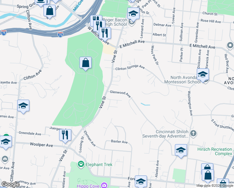 map of restaurants, bars, coffee shops, grocery stores, and more near 23 Parchman Place in Cincinnati