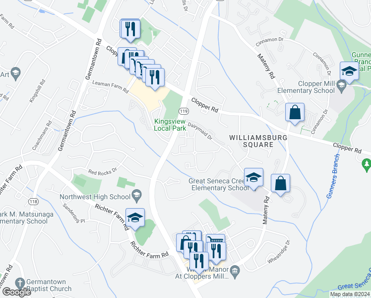 map of restaurants, bars, coffee shops, grocery stores, and more near 18217 Swiss Circle in Germantown