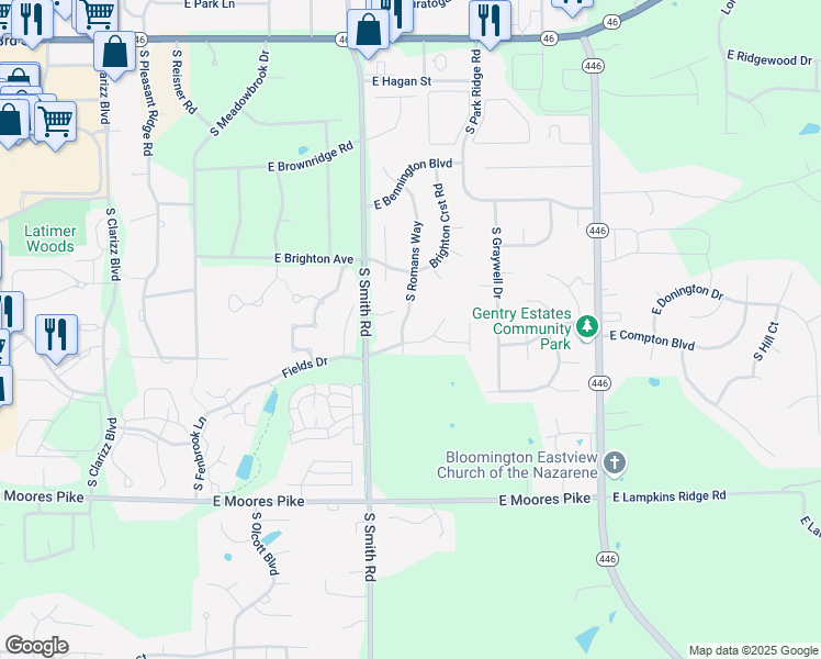 map of restaurants, bars, coffee shops, grocery stores, and more near 936-970 South Romans Way in Bloomington