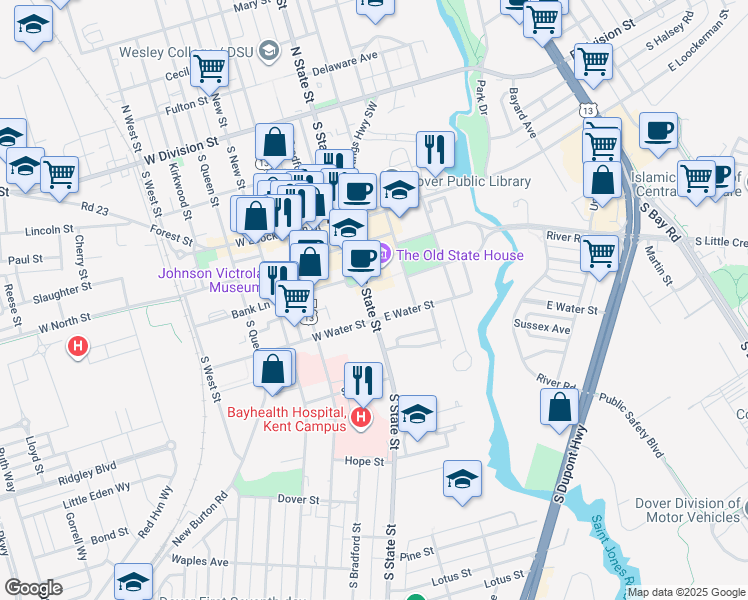 map of restaurants, bars, coffee shops, grocery stores, and more near 417 South State Street in Dover