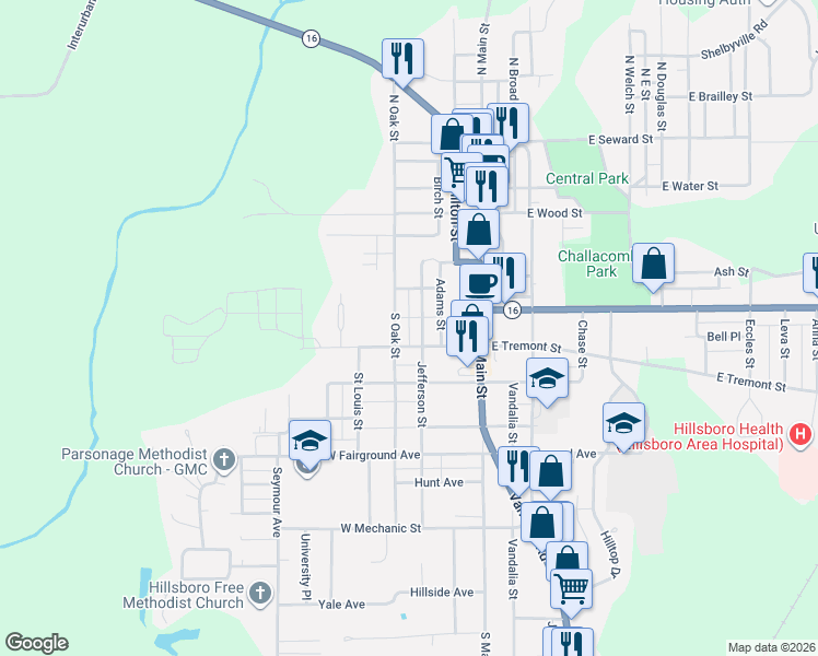 map of restaurants, bars, coffee shops, grocery stores, and more near 616 Jefferson Street in Hillsboro