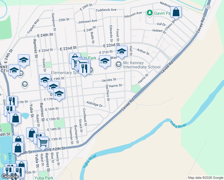 map of restaurants, bars, coffee shops, grocery stores, and more near 905 Harris Street in Marysville