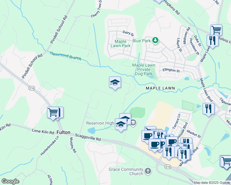 map of restaurants, bars, coffee shops, grocery stores, and more near 11650 Scaggsville Road in Fulton