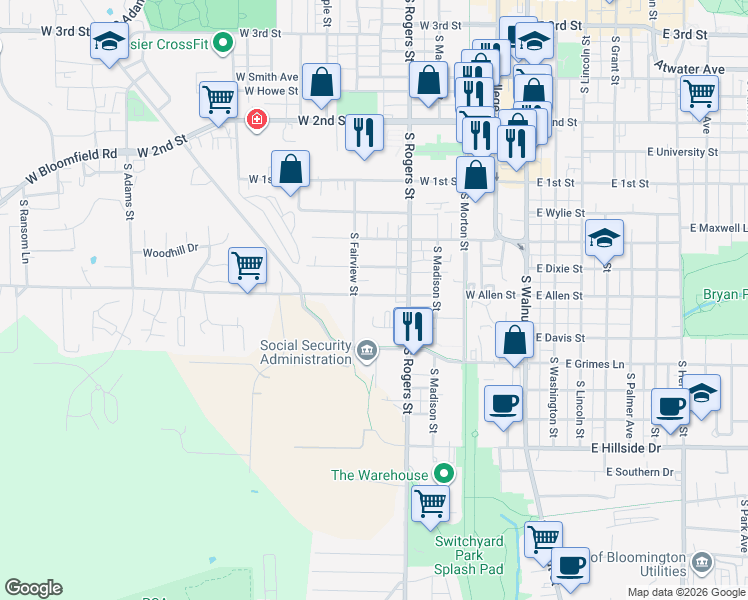 map of restaurants, bars, coffee shops, grocery stores, and more near 512 West Allen Street in Bloomington