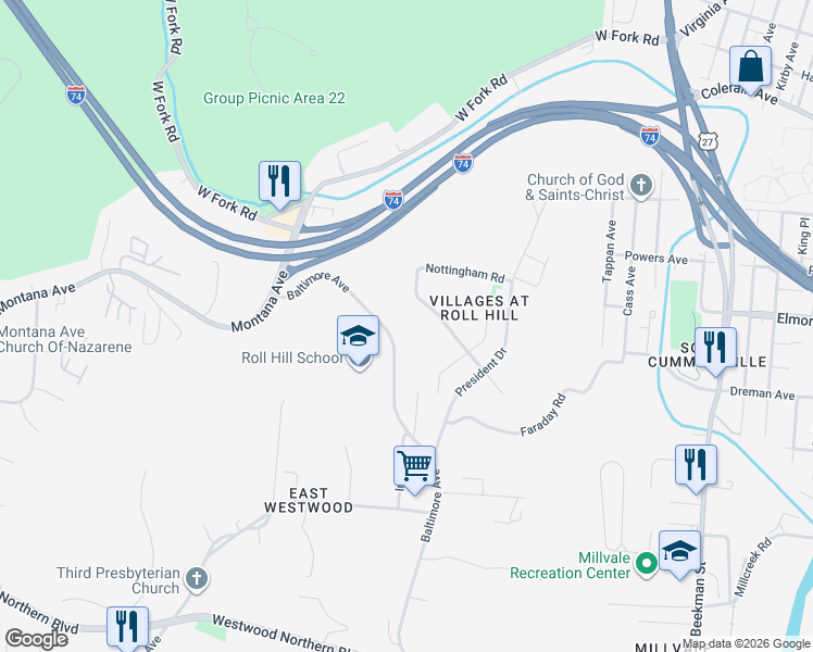 map of restaurants, bars, coffee shops, grocery stores, and more near 2523 Williamsburg Drive in Cincinnati