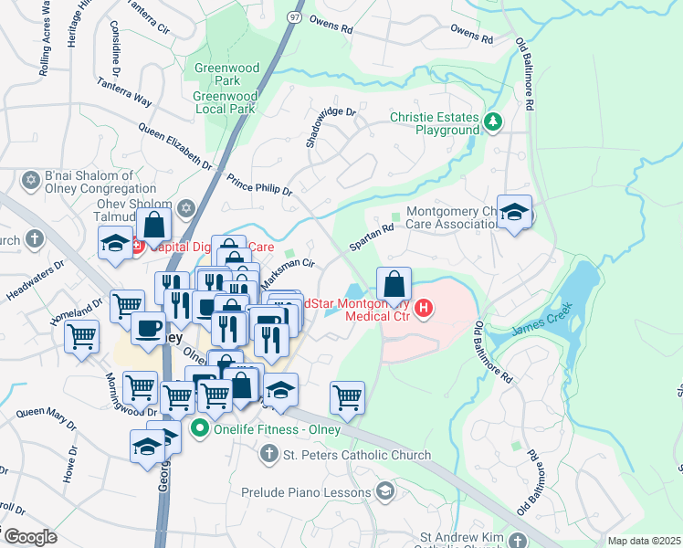 map of restaurants, bars, coffee shops, grocery stores, and more near 18205 Leman Lake Drive in Olney