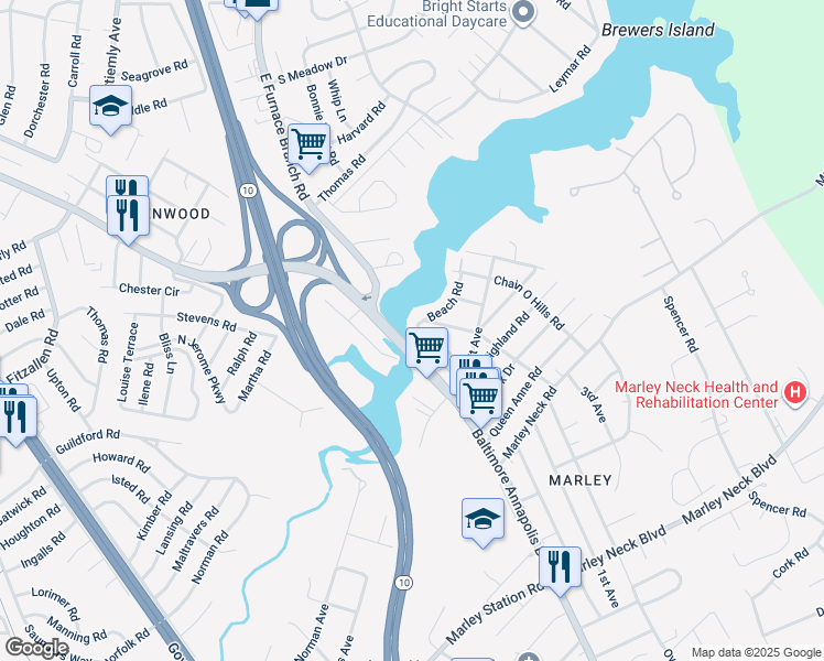 map of restaurants, bars, coffee shops, grocery stores, and more near 1 Beach Road in Glen Burnie