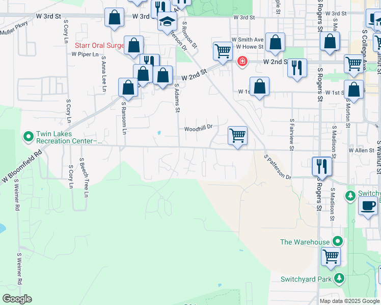 map of restaurants, bars, coffee shops, grocery stores, and more near 920 South Westhill Court in Bloomington