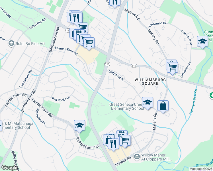 map of restaurants, bars, coffee shops, grocery stores, and more near 18213 Swiss Circle in Germantown
