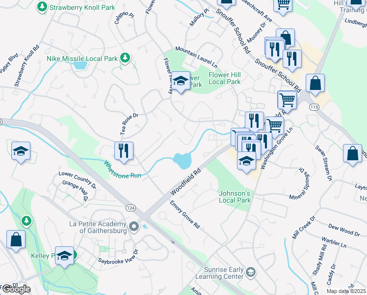 map of restaurants, bars, coffee shops, grocery stores, and more near 18323 Hallmark Court in Gaithersburg