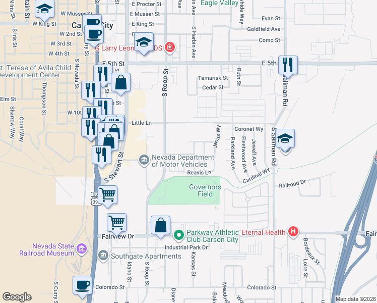 map of restaurants, bars, coffee shops, grocery stores, and more near 865 Tonka Lane in Carson City
