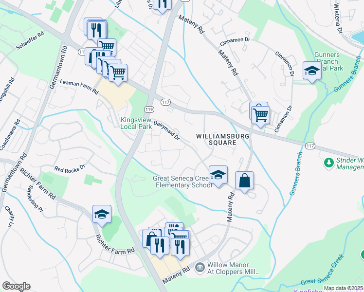 map of restaurants, bars, coffee shops, grocery stores, and more near 13101 Wonderland Way in Germantown