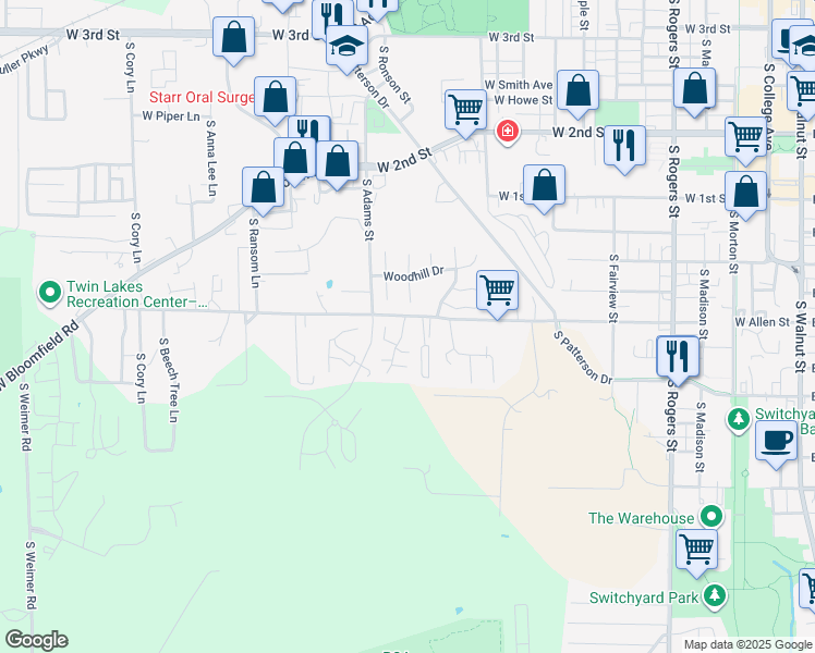 map of restaurants, bars, coffee shops, grocery stores, and more near 924 South Larkspur Lane in Bloomington