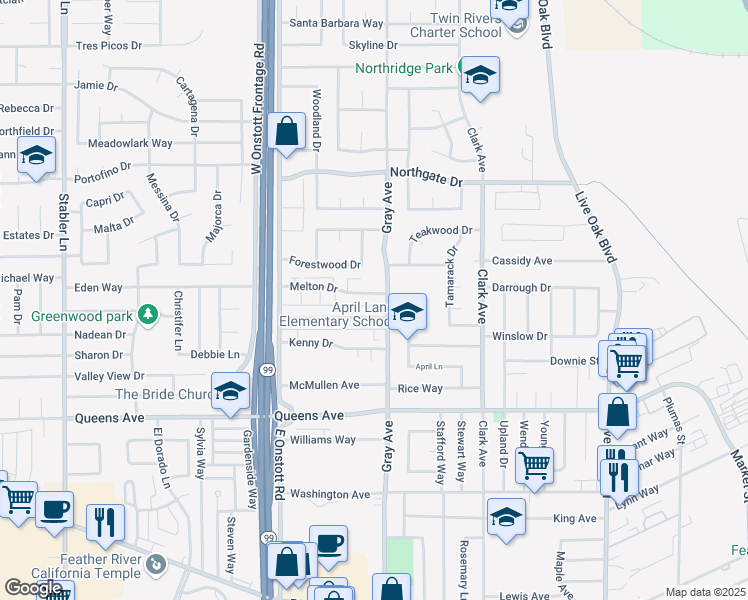 map of restaurants, bars, coffee shops, grocery stores, and more near 1111 Melton Drive in Yuba City