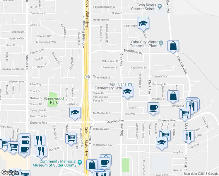 map of restaurants, bars, coffee shops, grocery stores, and more near 1187 Melton Drive in Yuba City
