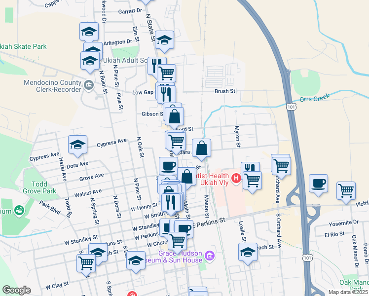 map of restaurants, bars, coffee shops, grocery stores, and more near 625 North State Street in Ukiah