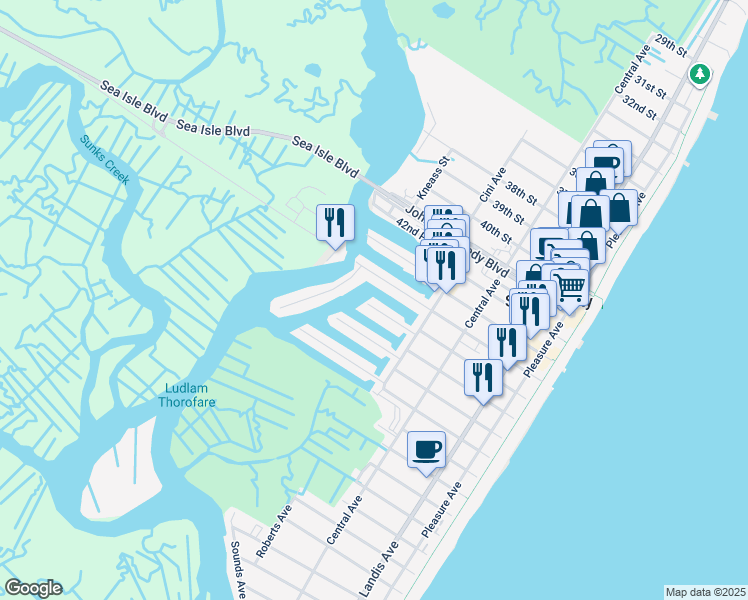 map of restaurants, bars, coffee shops, grocery stores, and more near 354 44th Street in Sea Isle City