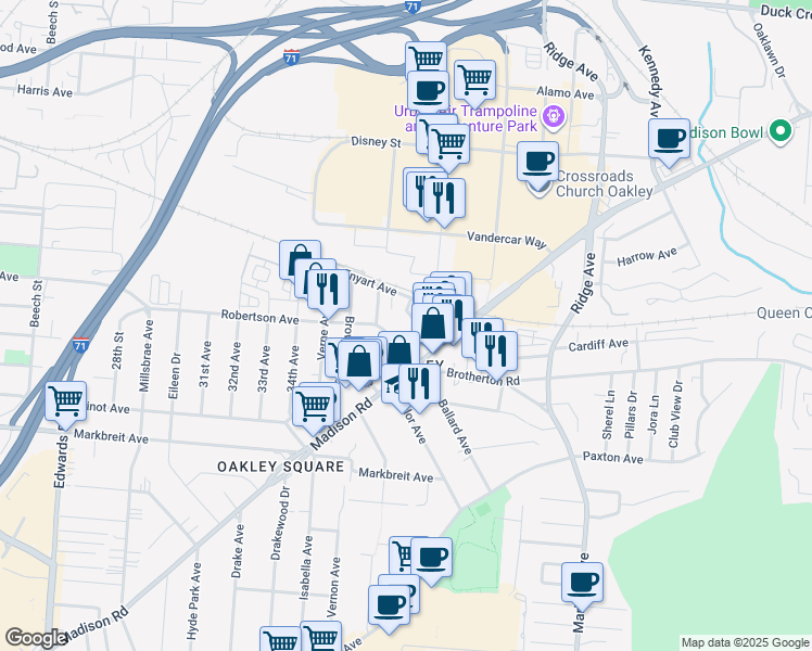 map of restaurants, bars, coffee shops, grocery stores, and more near 4443 Brazee Street in Cincinnati