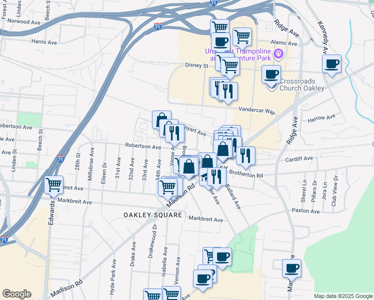 map of restaurants, bars, coffee shops, grocery stores, and more near 4425 Appleton Street in Cincinnati