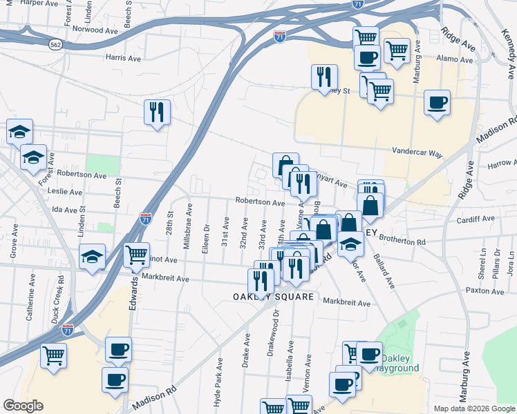 map of restaurants, bars, coffee shops, grocery stores, and more near 2850 Robertson Avenue in Cincinnati
