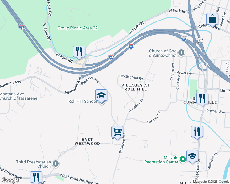 map of restaurants, bars, coffee shops, grocery stores, and more near 2523 Williamsburg Drive in Cincinnati