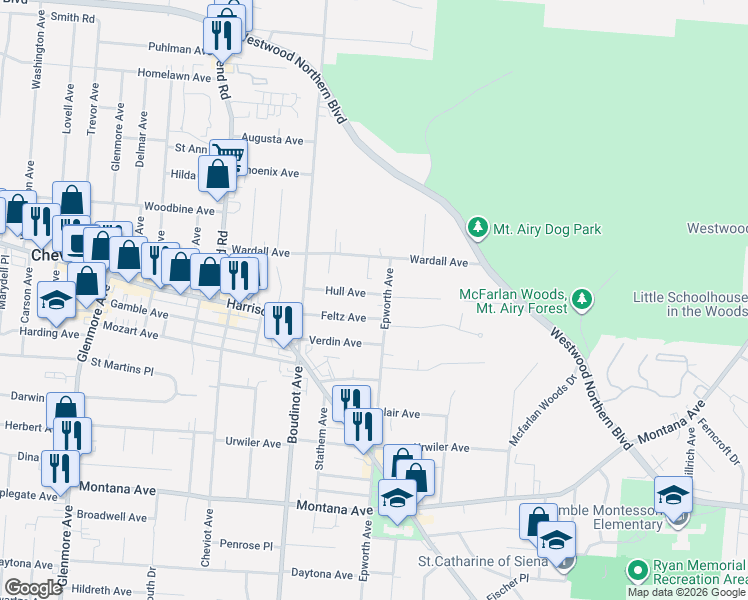 map of restaurants, bars, coffee shops, grocery stores, and more near 3020 Hull Avenue in Cincinnati