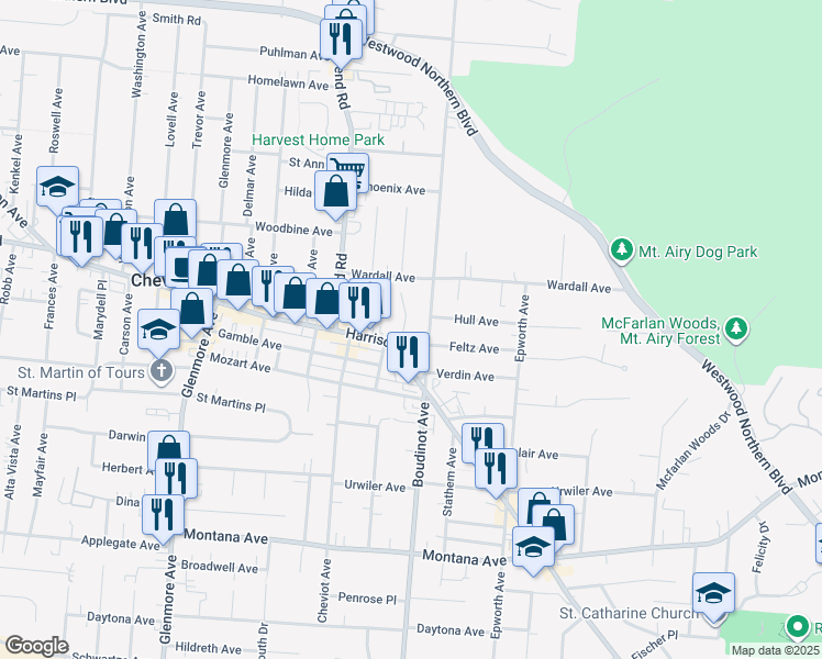 map of restaurants, bars, coffee shops, grocery stores, and more near 3655 Boudinot Avenue in Cincinnati