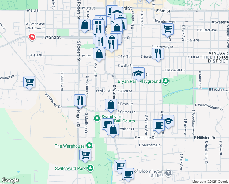 map of restaurants, bars, coffee shops, grocery stores, and more near 921 South Walnut Street in Bloomington