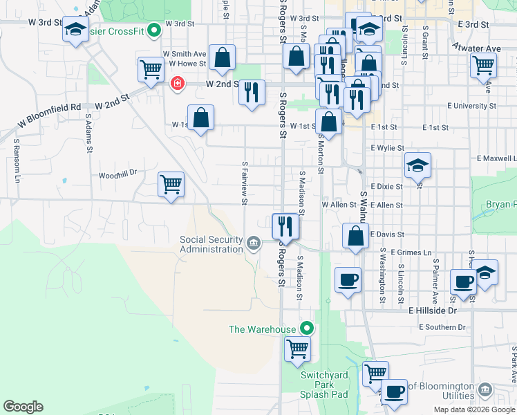 map of restaurants, bars, coffee shops, grocery stores, and more near 512 West Allen Street in Bloomington